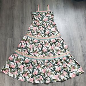 Loft Dress Maxi Size 4 Linen Blend Green Pink Sleeveless Tiered Garden Romantic